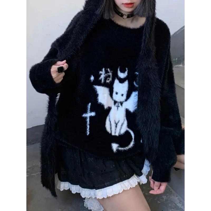 Women's Y2K Devil Jacquard Pullover Knit Sweater for Winter Gothic Style Furry Pullover Sweaters for Female