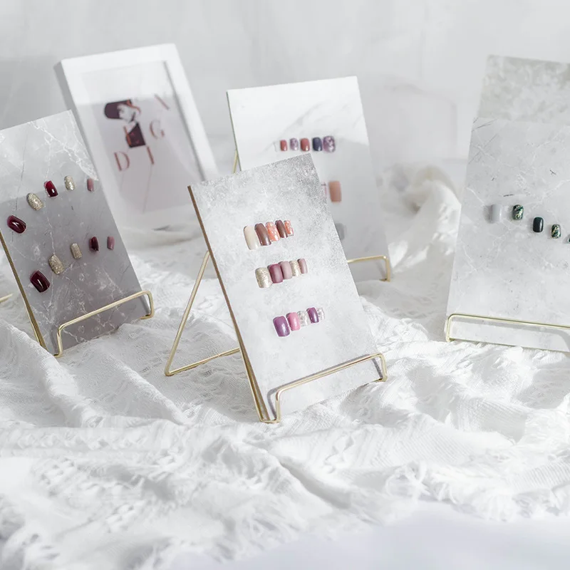 Nail Art Display Board with Gold Stands Holder, Marble Pattern, Background Photography Props, Showcase Tools