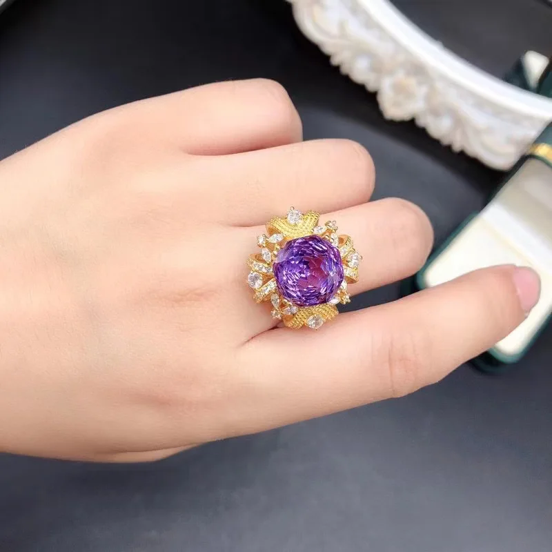 

Brilliant Natural Amethyst Ring for Wedding 12mm 6ct VVS Grade Amethyst 925 Silver Ring with 3 Layers Gold Plating