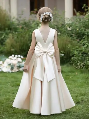 فستان فتاة الزهور من الساتان اللؤلؤي بربطة عنق، مع تصميم بدون ظهر، فستان حفلة عيد ميلاد الأميرة الجميلة، فستان التواصل #6