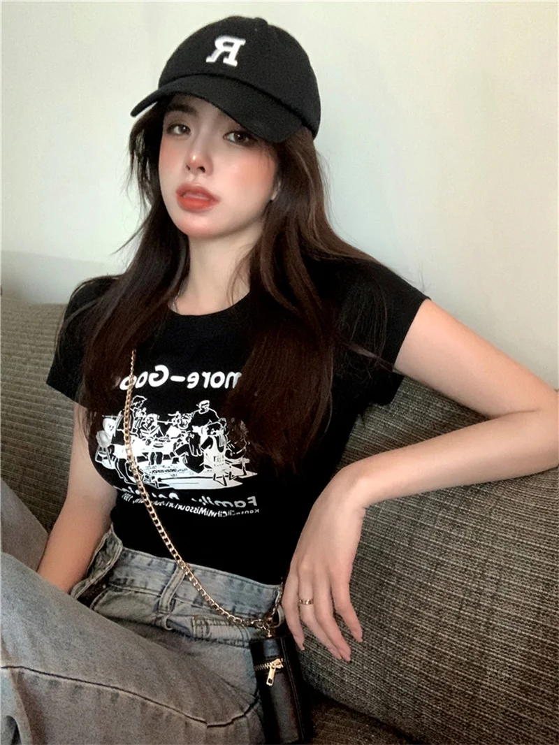Women's ort Sve ort Print T-irt round Ne Slim Fit Versatile Sexy Belly Button Exposure Korean Sle Commute Trend