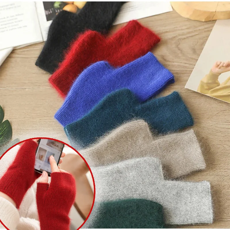 1Pair Mink Cashmere Gloves Autumn Winter Warm Gloves Lovely Fingerless Racoon Wool Mitten Wrist Length Thumb Hole Mitts Female