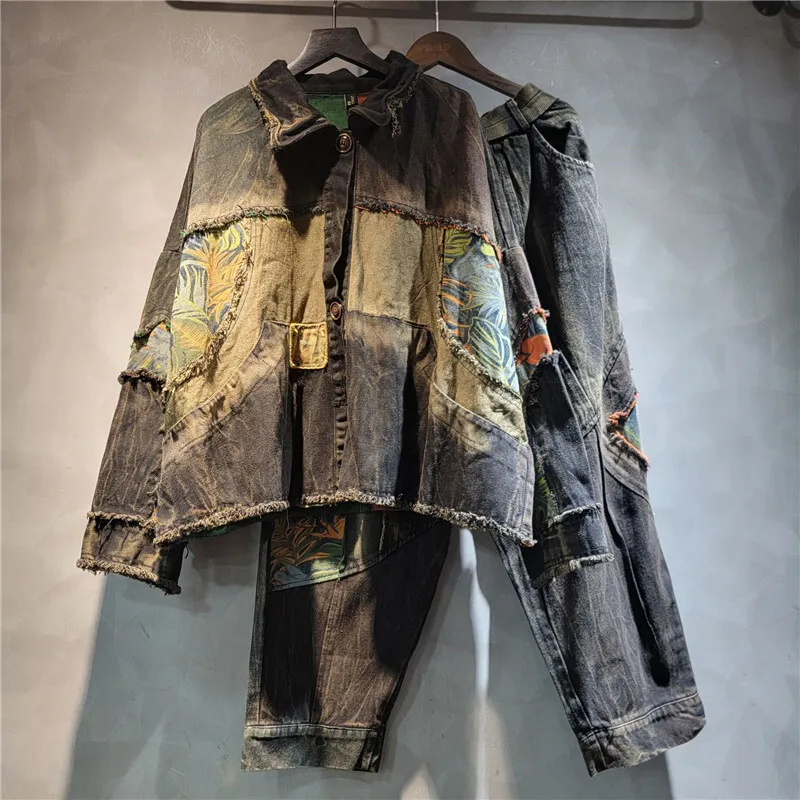 WTHT Fashion Women's Spliced Print Plush Edge Long Sleeves Denim Coat Casual Harem Jeans Two-piece Set Female 2024 Autumn 1LS067