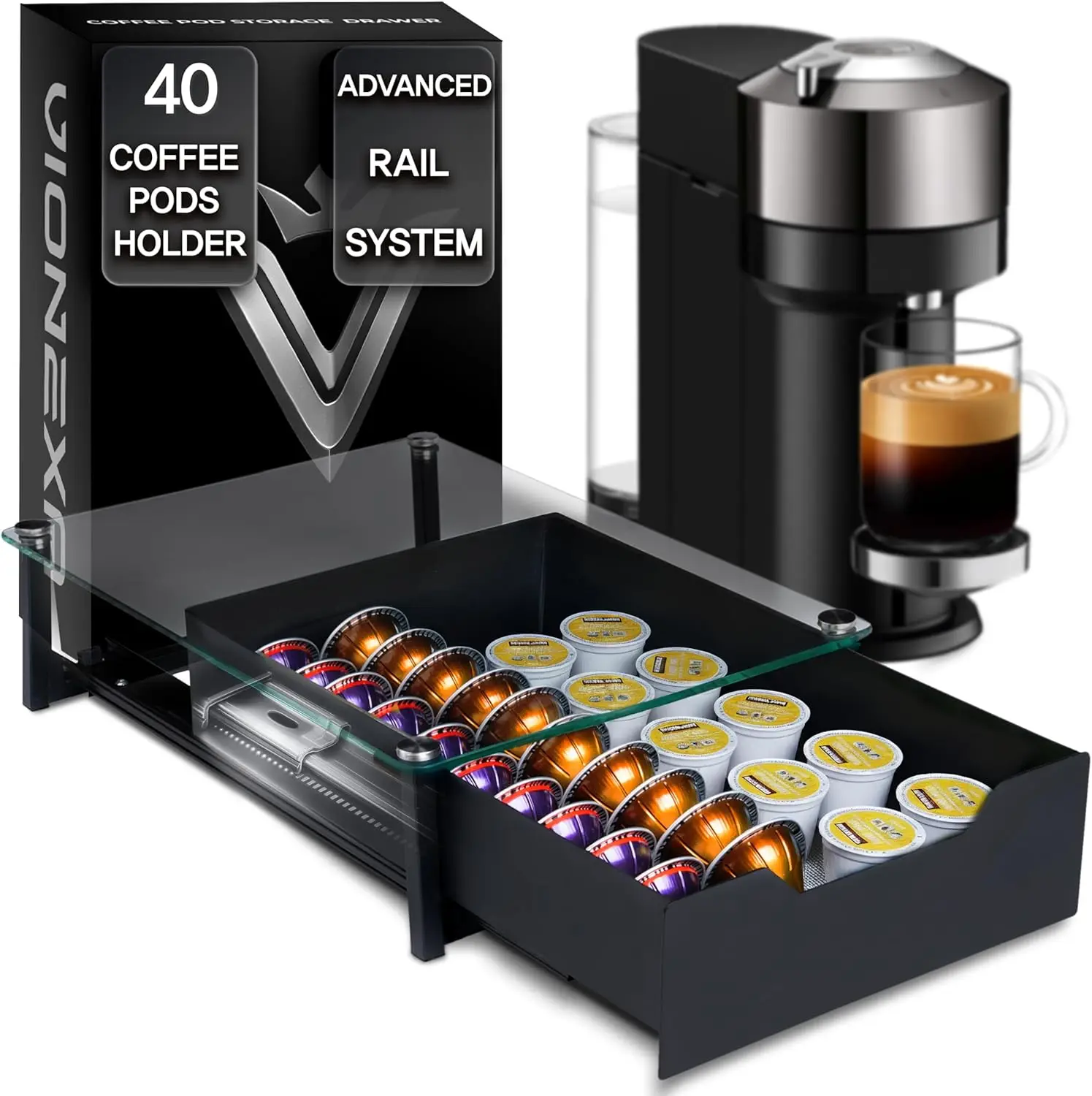 

Coffee Pod Holder with Rail Drawer for Nespresso – 40 Pods Capacity for Nespresso Vertuoline & K-cups Capsule – Tempered Glass a