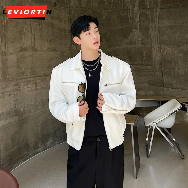 

Fashion Autumn Men Jacket Solid Multi Zipper Lapel Long Sleeve Rubber Band Hem Coats Streetwear Personality Outerwear Chici