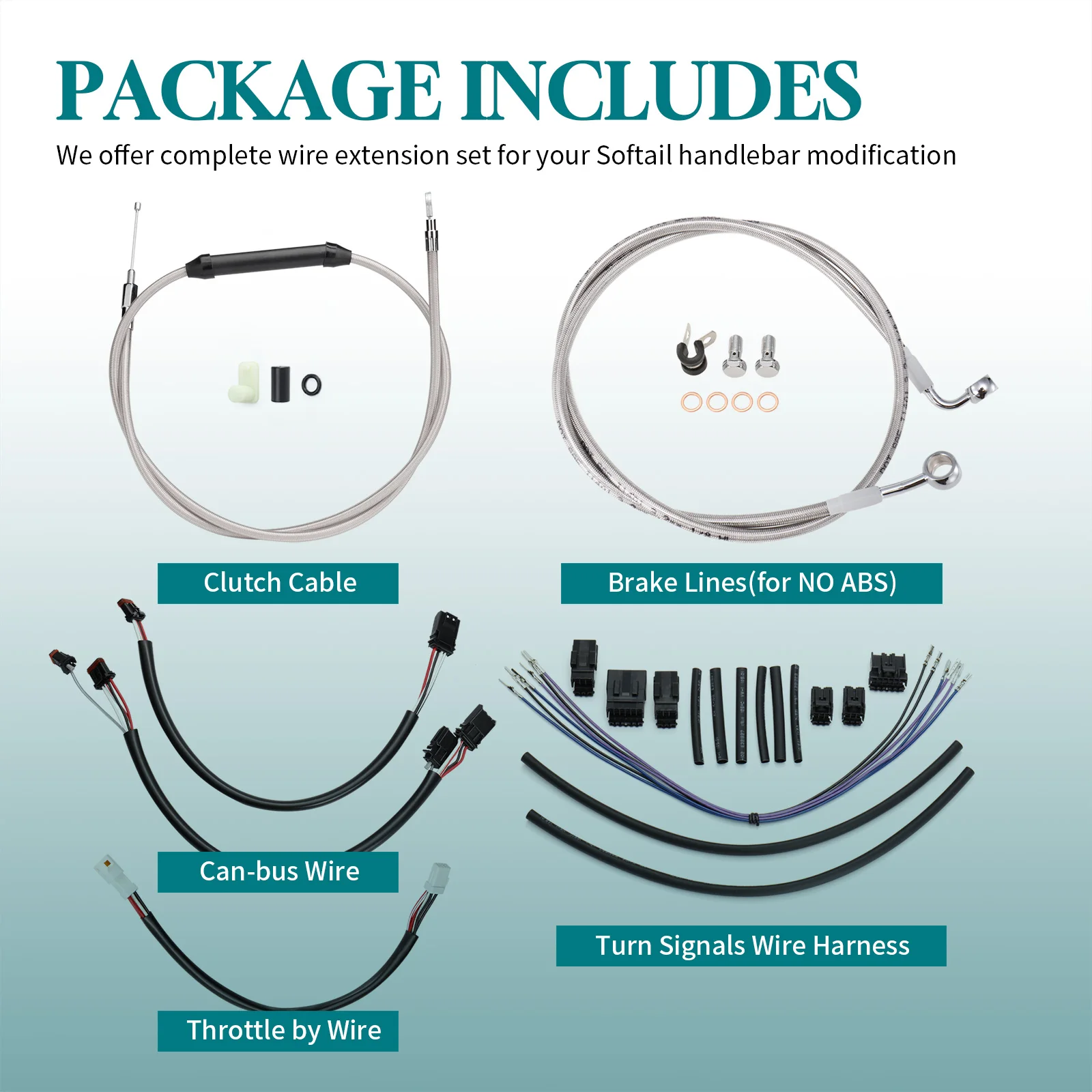 Softail Handlebar Extension Cable Kit for Harley Softail 2016-2017 NO ABS, Brake Line/Clutch Cable/Throttle Cable/CAN-Bus view 3