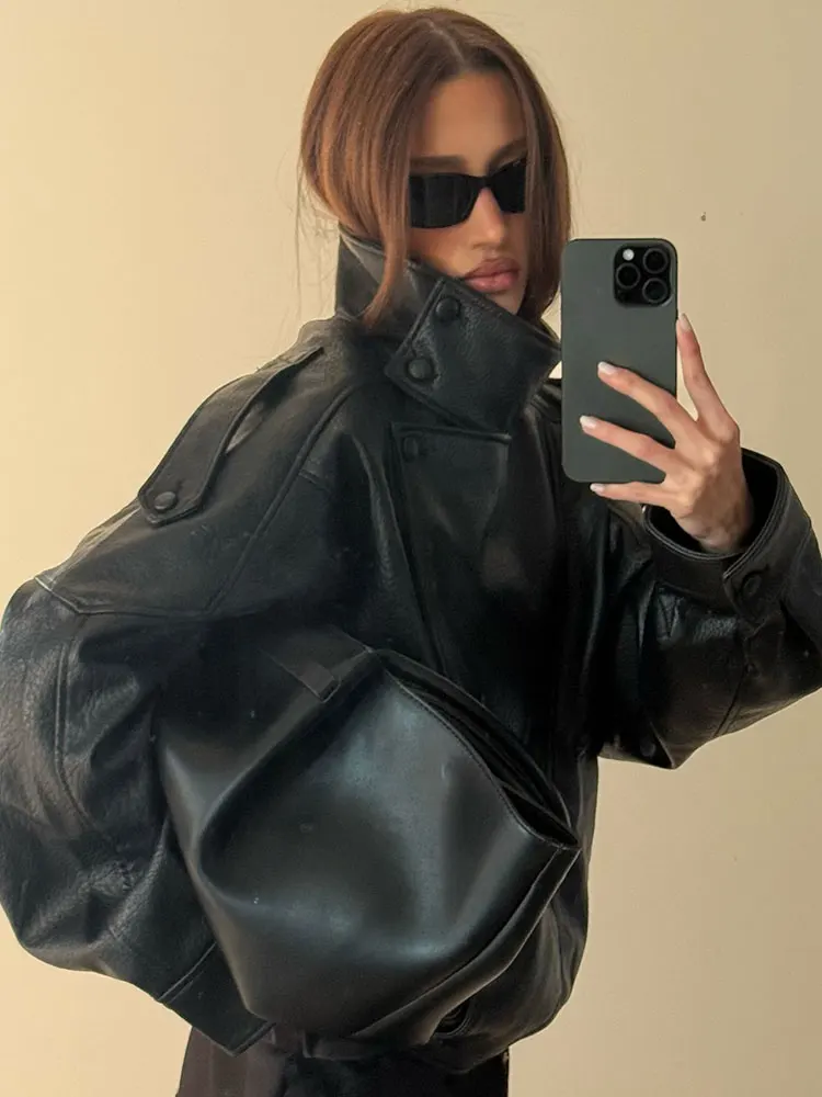 HH Women Jacket Fall 2025 New Black Long Sleeve Turtleneck Faux Leather Jacket Motorcycle Style Personality Fashion Coat Outwear