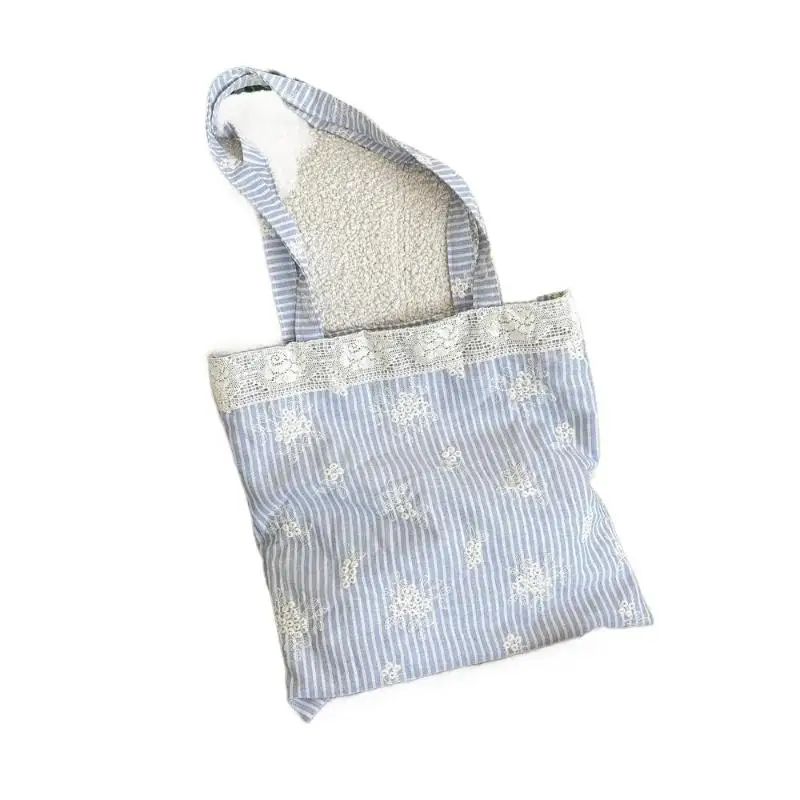 Große Tragetasche mit Spitze und Schleife im Koreanischen Stil, Einfache Canvas-Handtasche, Kawaii Stofftasche mit Großer Kapazität für Reisen – Detail 9