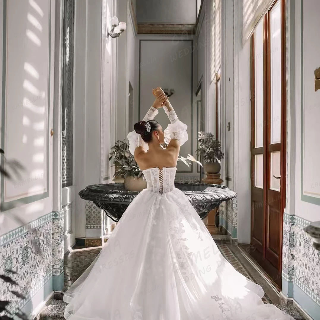 ชุดแต่งงานแบบเรียบง่าย ประดับด้วยลูกไม้ ทรงเอไลน์ สำหรับผู้หญิง ดีไซน์หรูหรา เปิดหลัง ปี 2026 ผ้าทูลล์เซ็กซี่ ชุดราตรีงานแต่งงาน  สามารถสั่งตัดได้