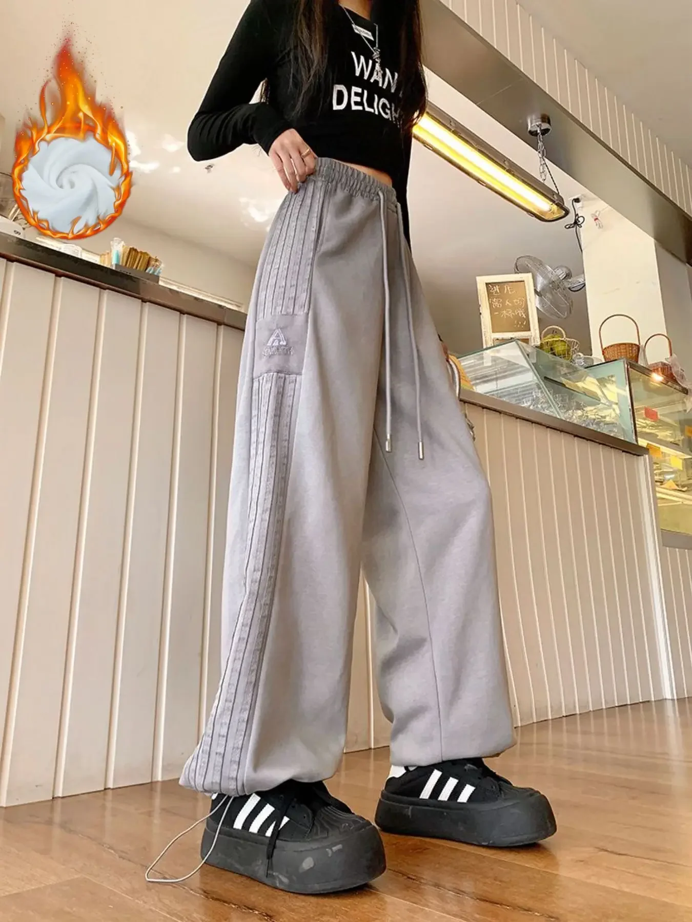 Pantalon Long chaud en polaire pour femme, grande taille, décontracté, rayé, tendance, jambes larges, Y2K, ample, jambes droites, automne/hiver