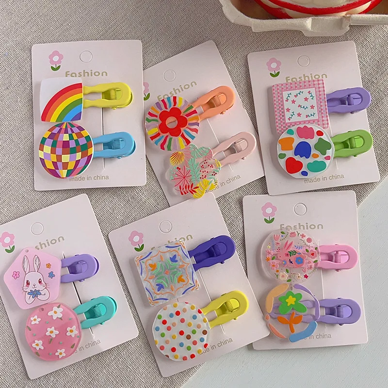 

2pcsChildren's Barrettes Rainbow Color-Blocking Girl's Broken Hair Bang Side Clip Cute Cartoon Girl Hair Clip Headdress