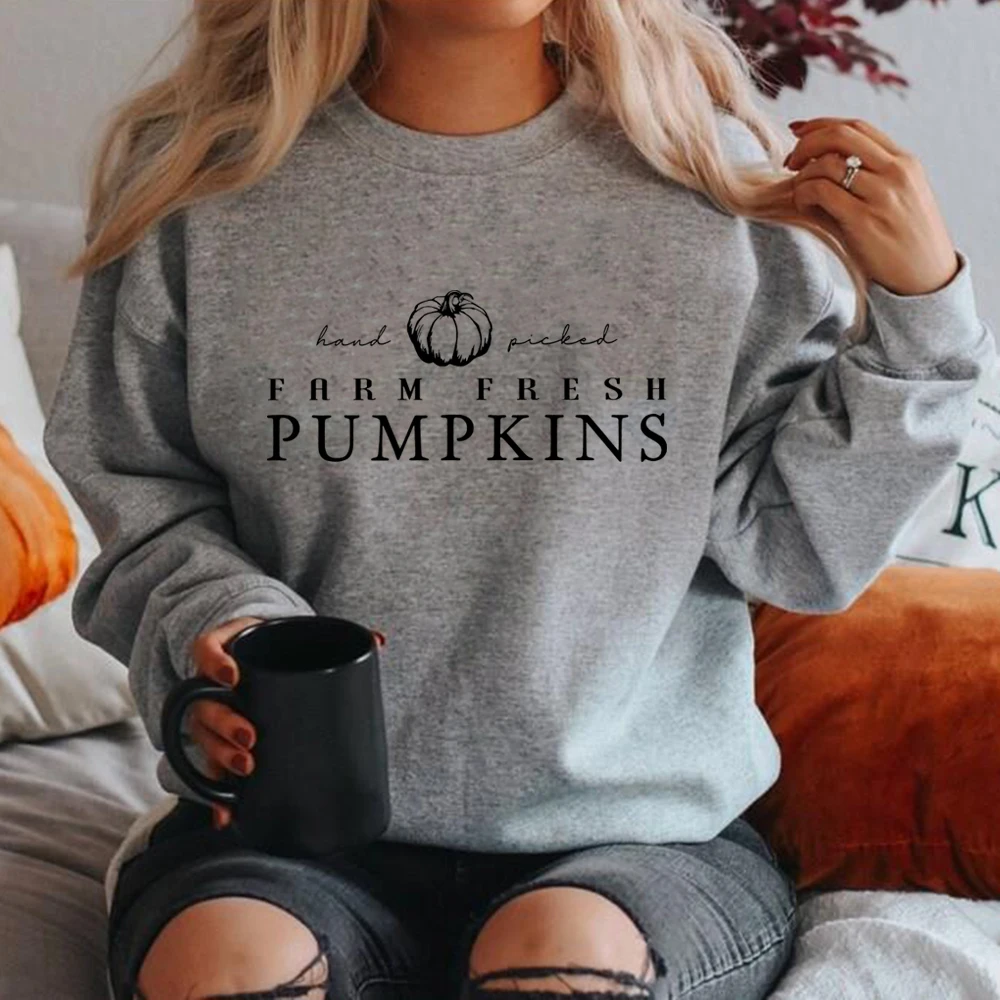 Hand Picked Farm Fresh Pumpkins Sweatshirt Fall Graphic Hooides Women Halloween Sweatshirt Long Sleeve Crewneck Pullover Tops