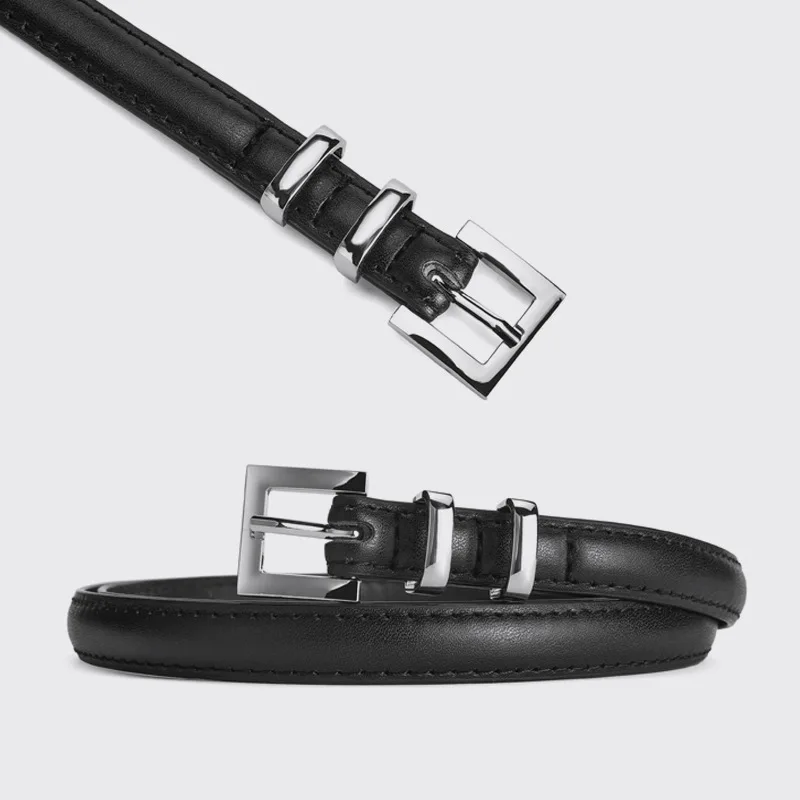 Lady Cowskin Leather Belt 1.4Cm High Quality Genuine Leather Jeans Black Narrow Belts Female Accessories For Women