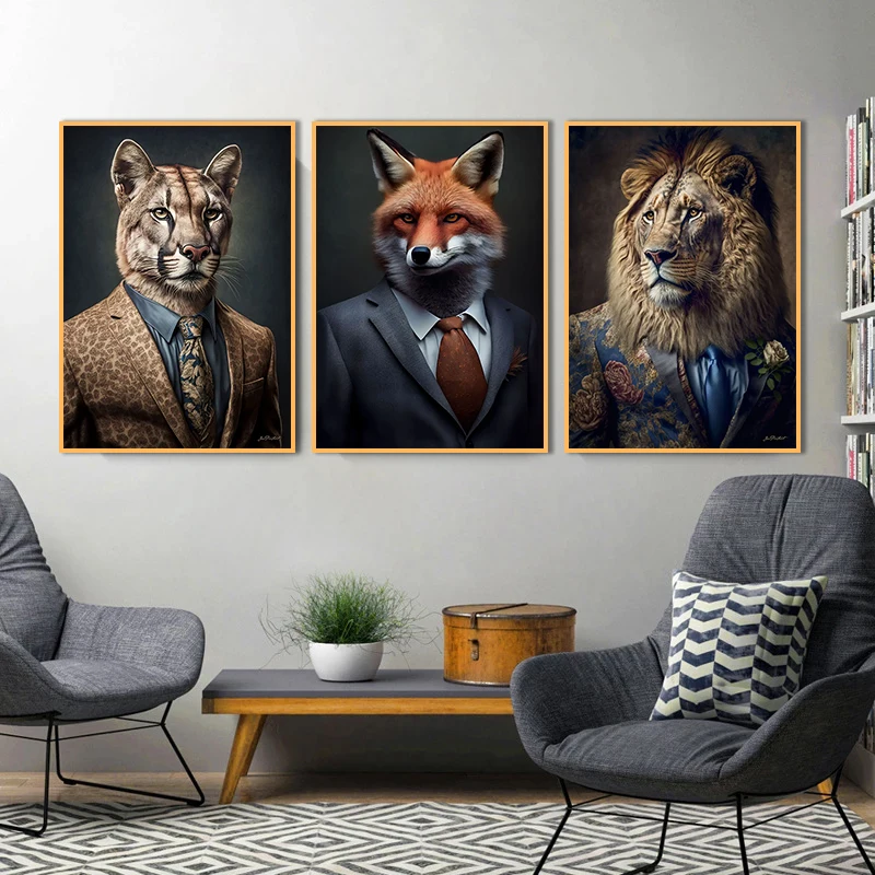 Human Body Animal Head Posters Lion Suit Giraffe Tiger Zebra Fox Wolf Pictures Wall Art Canvas Paintings Living Room Home Decor