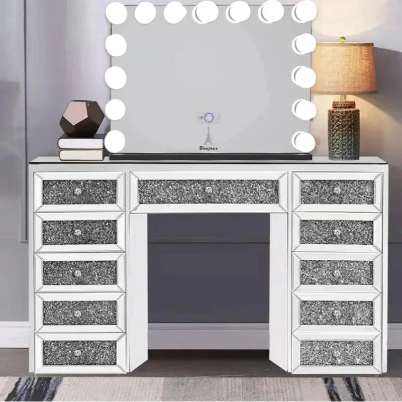 

Home Decor Furniture Modern Silver Luxury Crushed Diamond Makeup Vanities For Bedroom Vanity Table With Led Light Makeup Mirror