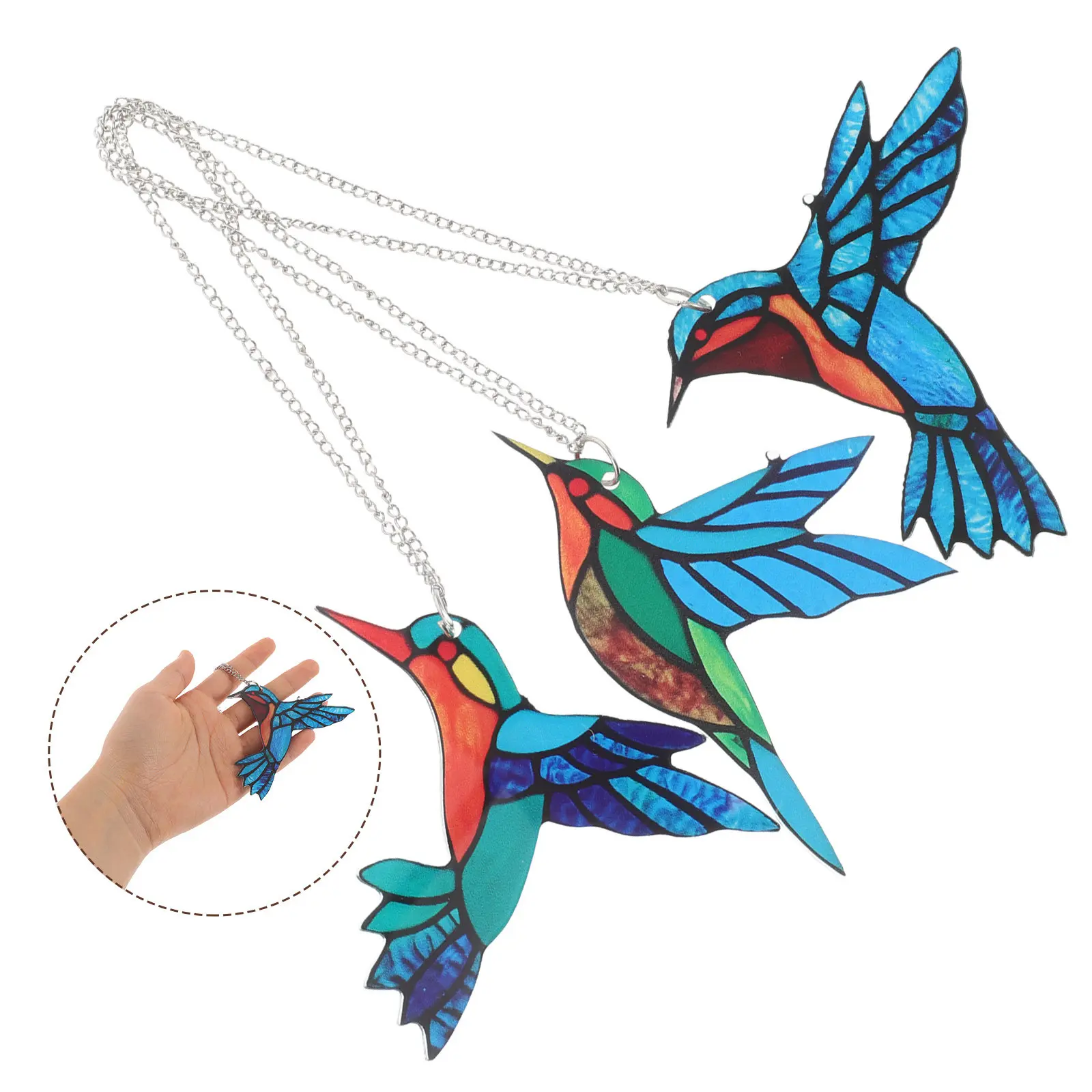 3Pcs Elegant Acrylic Hummingbird Window Sun Catcher Hanging Decor Lovebirds Parrot Stained Glass Style Pendant for Indoor
