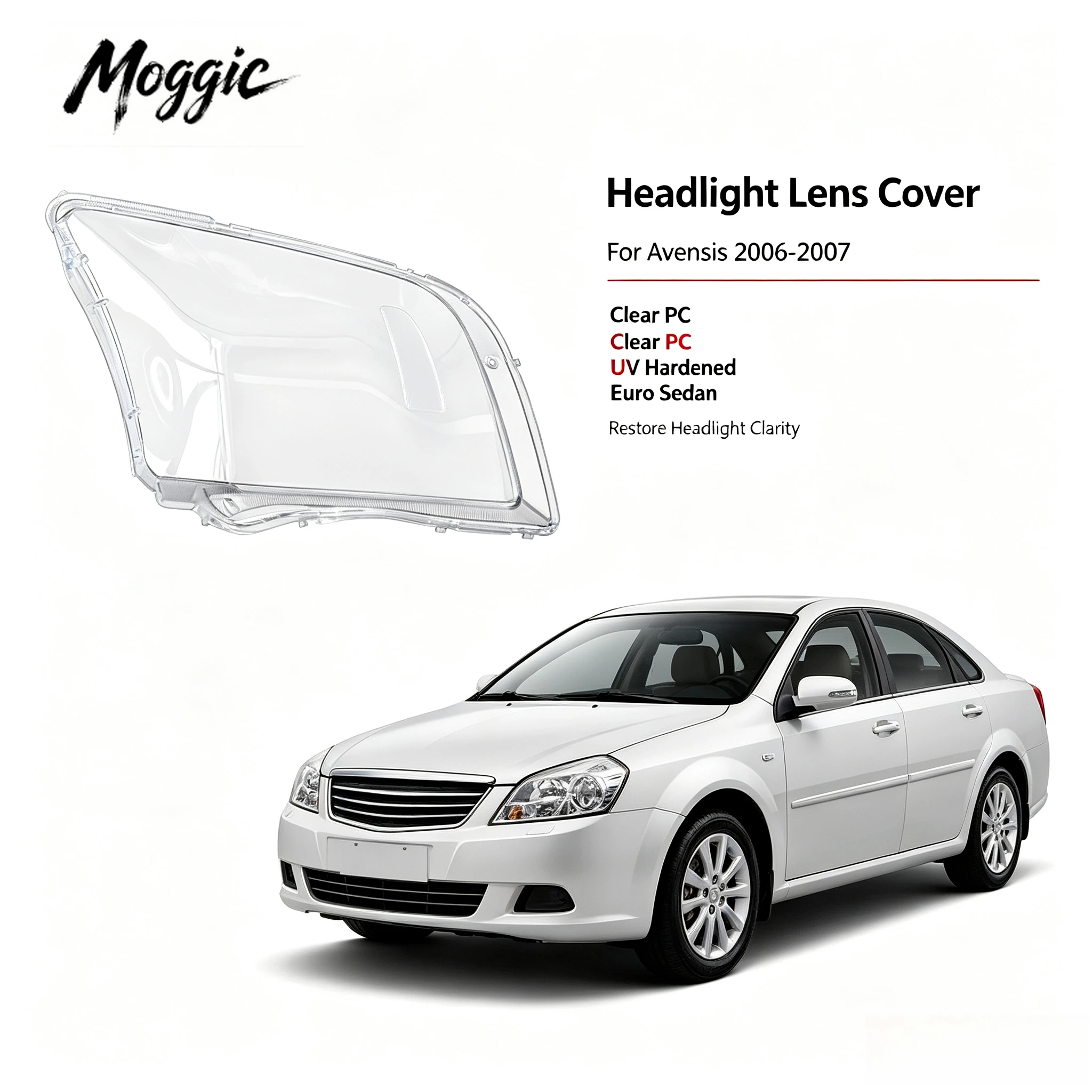 Moggic Clear Headlight Lens Cover Replacement For 06-07 Toyota Avensis T25 Saloon Estate Left Right Side Transparent Lamp Shade