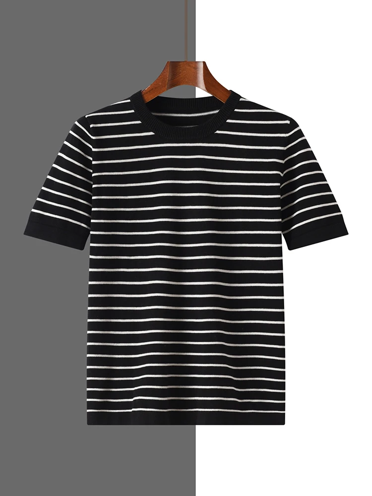 

100% cotton knitted short-sleeved T-shirt men's crew neck black and white striped casual half-sleeved bottoming shirt summer top