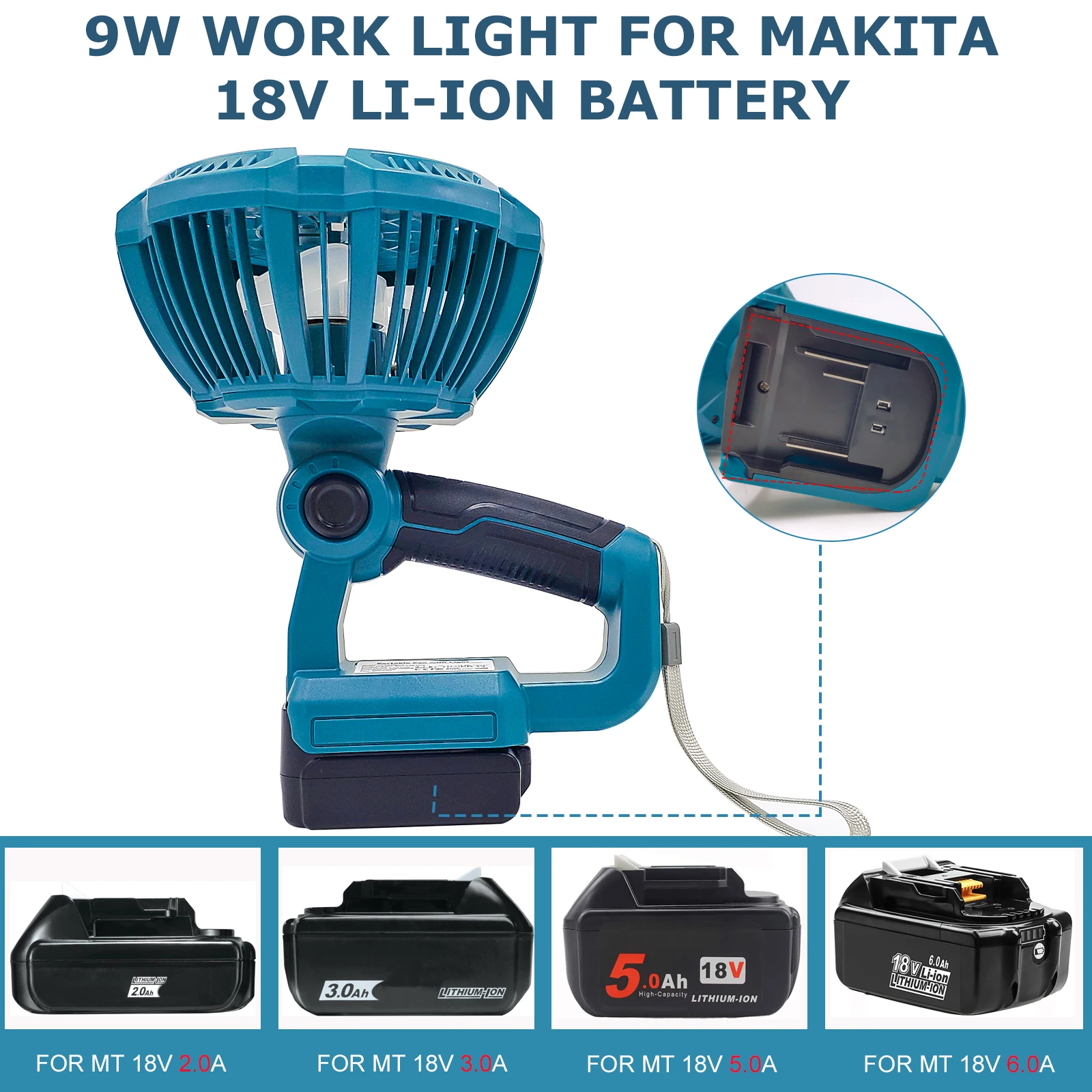 Ventilador de Camping con linternas LED de 9W, adecuado para batería de iones de litio Makita de 18V, ventilador portátil de mano con puerto USB, control remoto IR