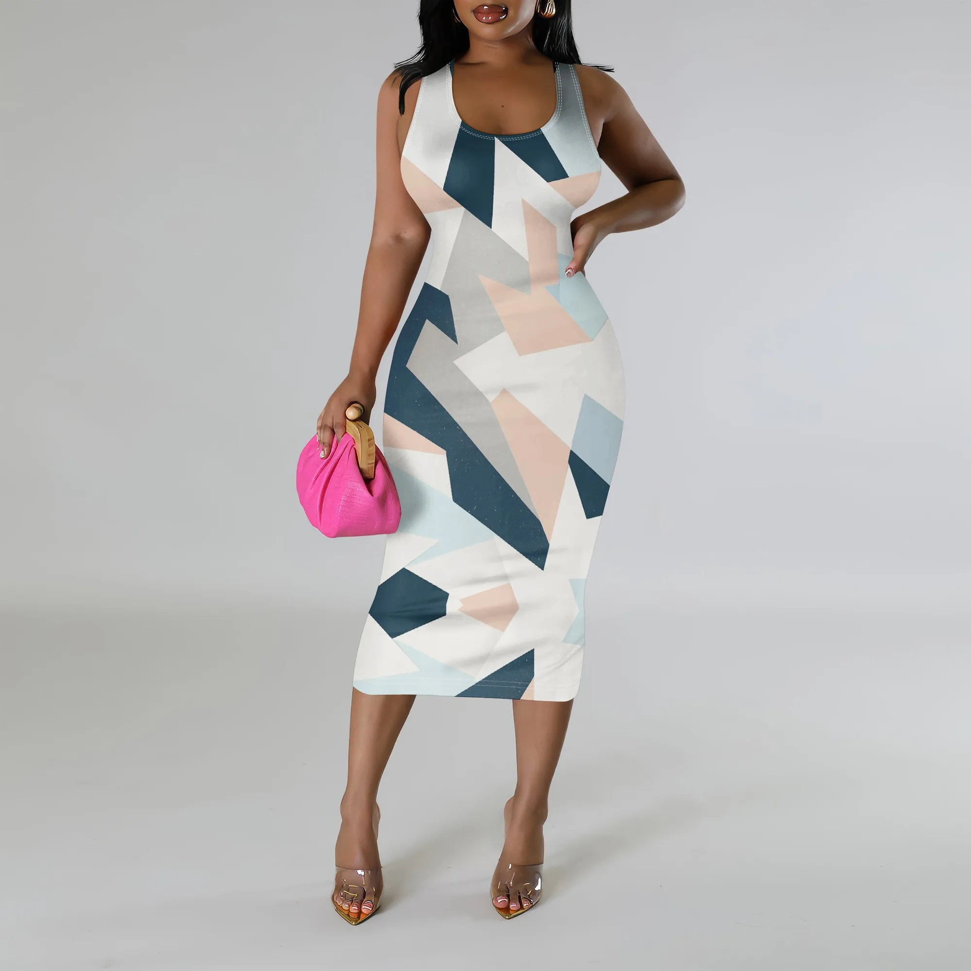 

Geometric Print Bodycon Midi Dress XS-3XL Sleeveless Round Neck Slim Fit for Nightclub, Summer Date or Streetwear