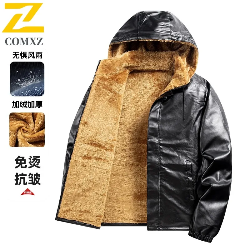 

COMXZ Men Outdoor Leather Jacket Thickened Adventure Windproof Warm Coat Casual Hooded Street Lightweight Comfort Autumn Coats