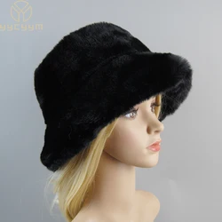 Chapéus de pele de coelho falso feminino, forro de algodão, Gorros de esqui, luxuoso, monocromático, super macio, quente, estilo russo, novo, Inverno, 2022