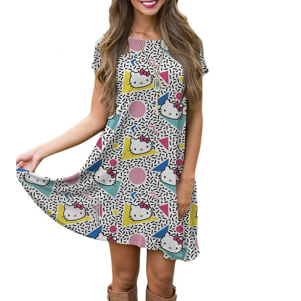 2025 새로운 한국어 스타일 플러스 사이즈 헬로 키티 프린트 티셔츠 여성 여름 루즈핏 배꼽 커버 학생 드레스 ﻿