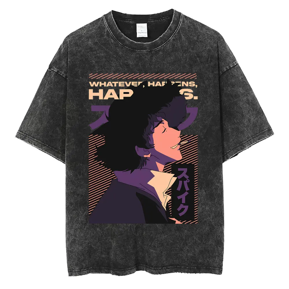 Anime Cowboy Bebop Vintage Washed T-shirt Manga Spike Spiegel Whatever Happens Happens T-shirts Men Women Retro Oversized Tshirt