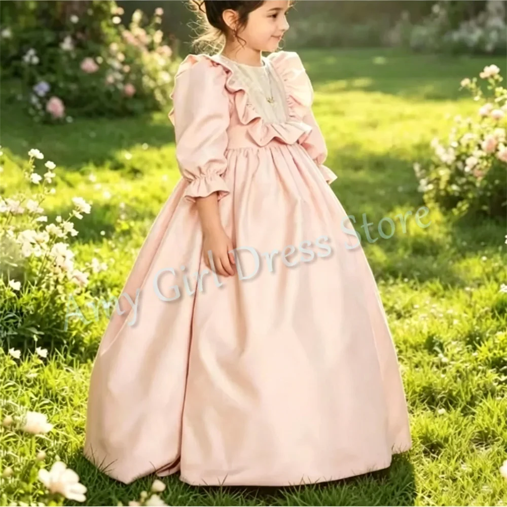 abito-da-damigella-d'onore-personalizzato-in-raso-rosa-con-volant-maniche-a-3-4-lunghezza-fino-al-pavimento-per-bambini-per-la-prima-comunione-eventi-formali