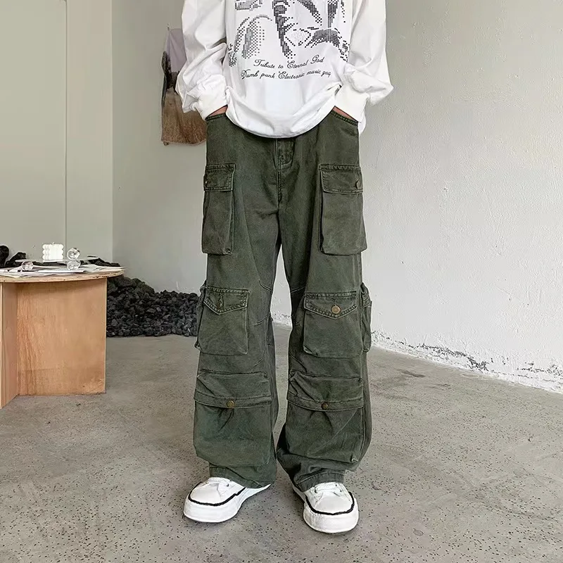 Multi-Pocket Washed Cargo Pants Y2k Retro High Street Fashion High Waist Jeans Couple Harajuku Simple Casual Wide Leg Pants 3XL