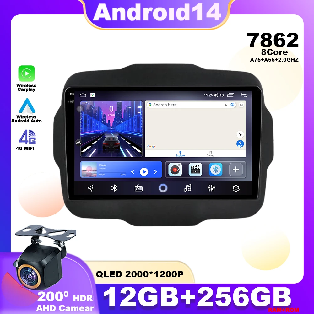 

Android 14 For Jeep Renegade 2014 - 2018 Car Radio Multimedia Player Navigation GPS WIFI Wireless Carplay Head Unit