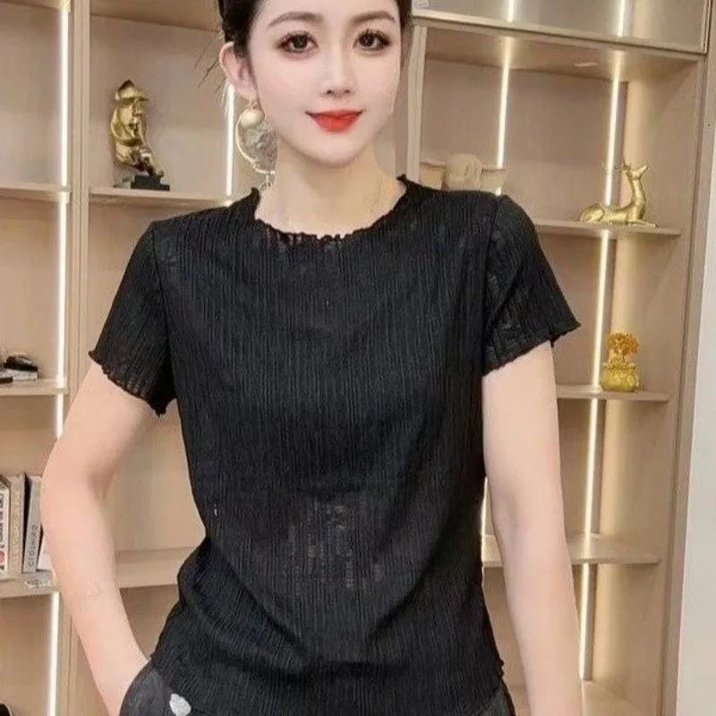 Women Ruffle Neck Textured Short Sleeve Top Loose Casual All-match Summer Mom Blouse