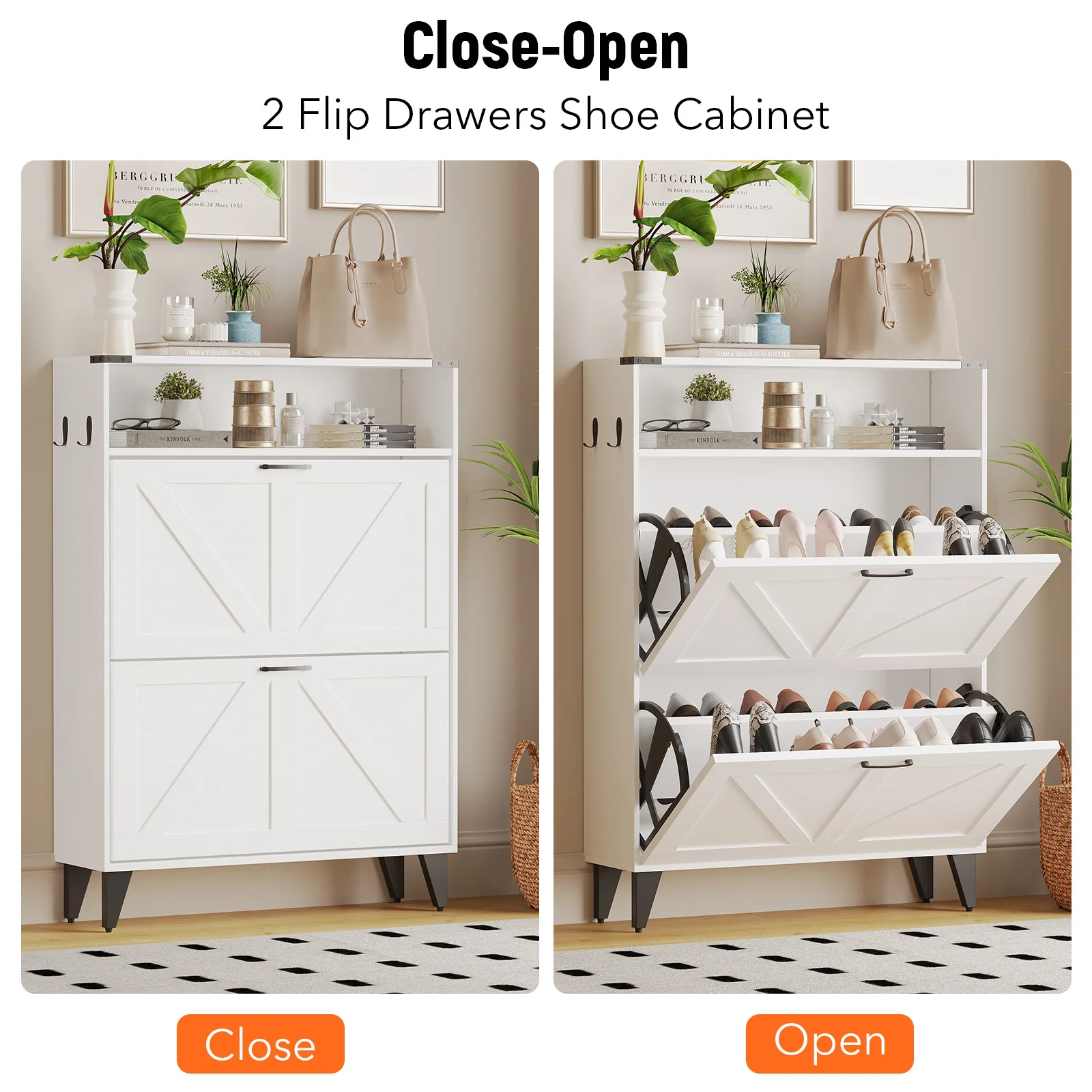 Shoe Cabinet with 2 Flip Drawers Front Door Shoe Rack with Metal Legs and Adjustable Shelf Shoe Rack for Front Door Entrance