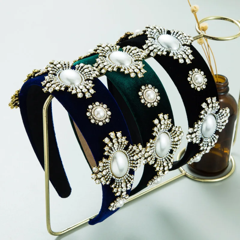 Heming headband heavy industry pearl rhinestone light luxury headband temperament hair accessories versatile catwalk retro velve