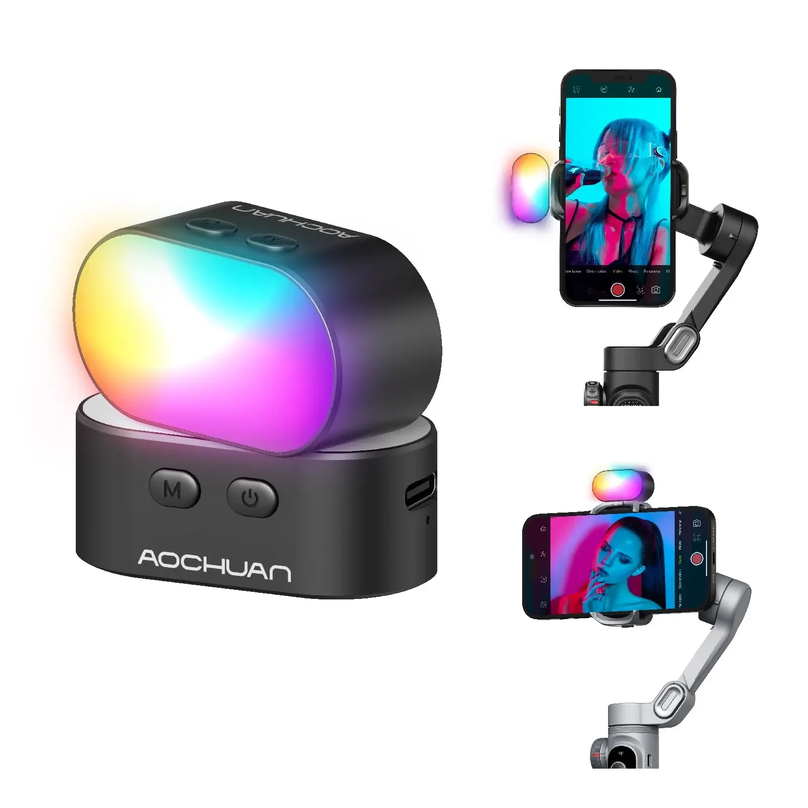 RGB Magnetic Fill Light for Gimbal LED Video Photography Light 3 Brightness and 7 Color Adjustment for AOCHUAN Smart S2 /X Pro