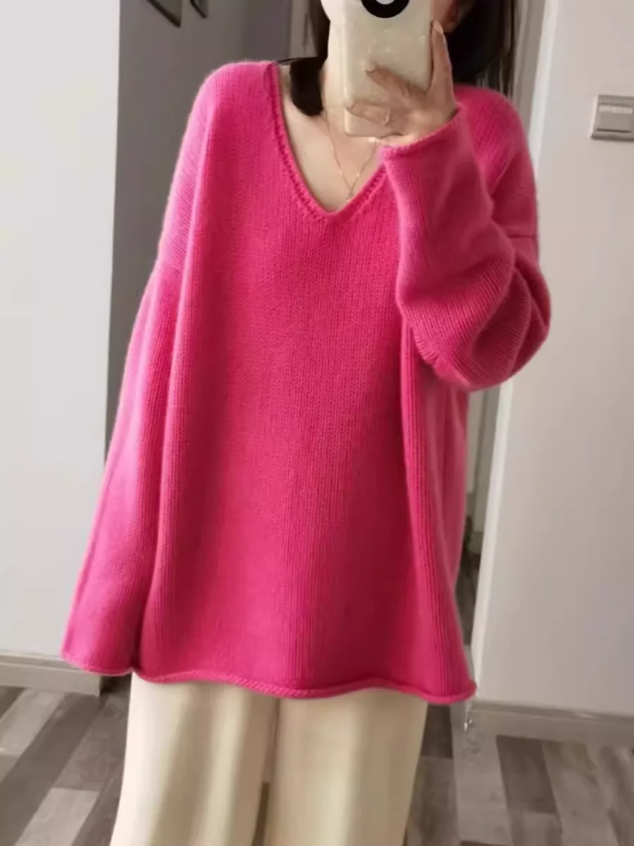 LDZWSM V-neck Wool Sweater Women Autumn/Winter New Wool Sweater Ladies Knitting Loose Large Size Pullover Female