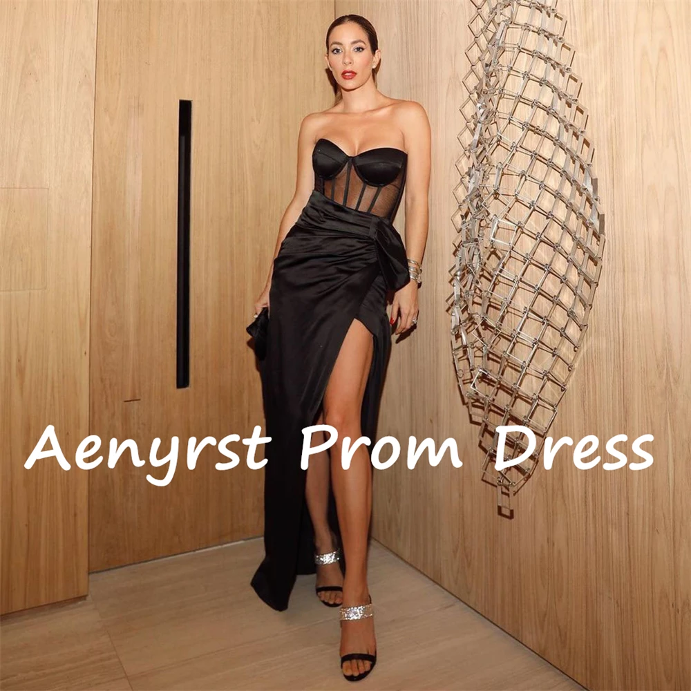 Aenyrst Black Sexy Sweetheart Corset Saudi Prom Dresses Satin Mermaid Side Split Evening Gowns Ankle Length Dinner Party Dress