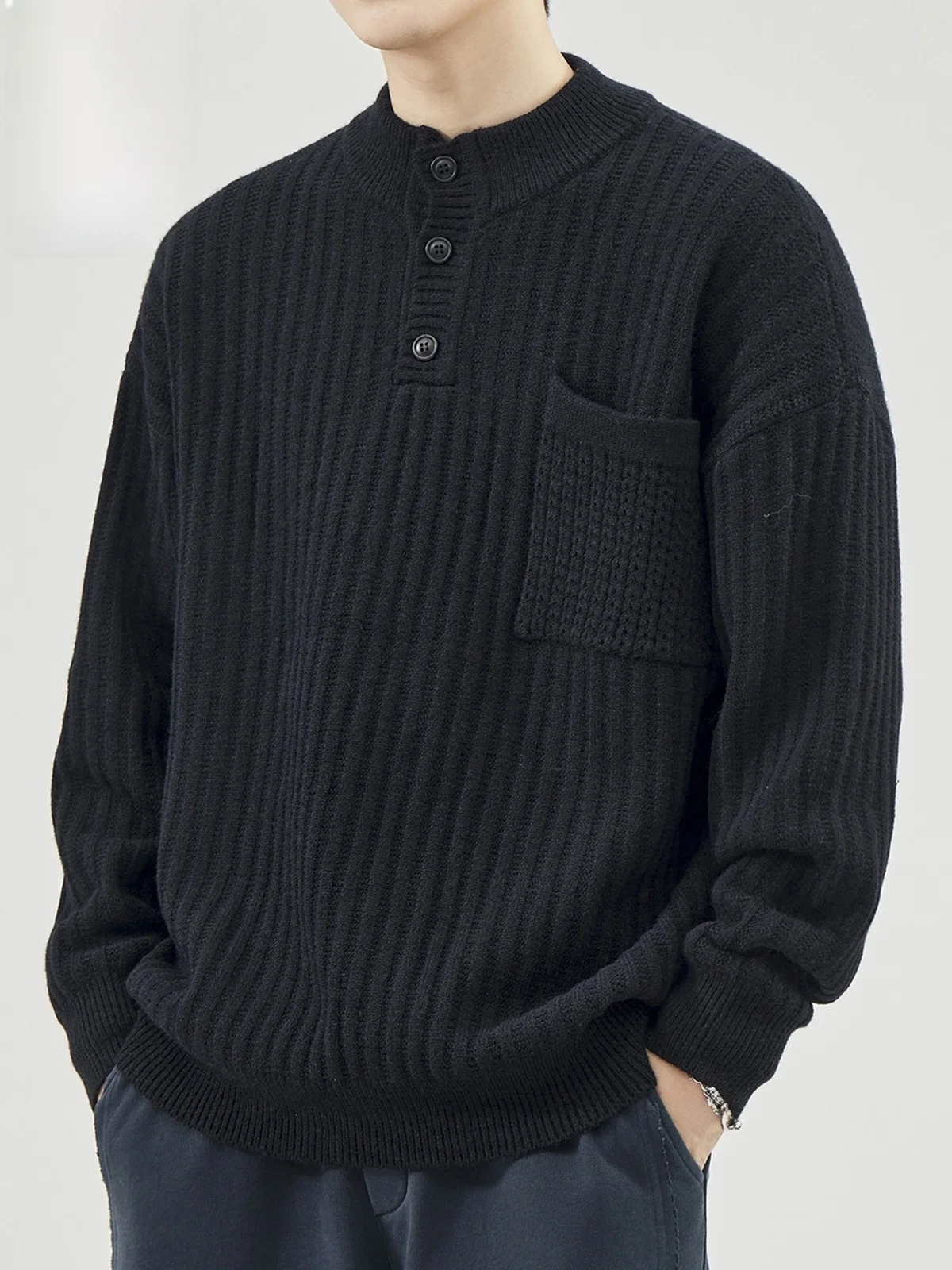 

Henry Collar Knitwear Men's Faion Brand Overhead American Retro Base Layer Knitted irt Youth Vitali Sle