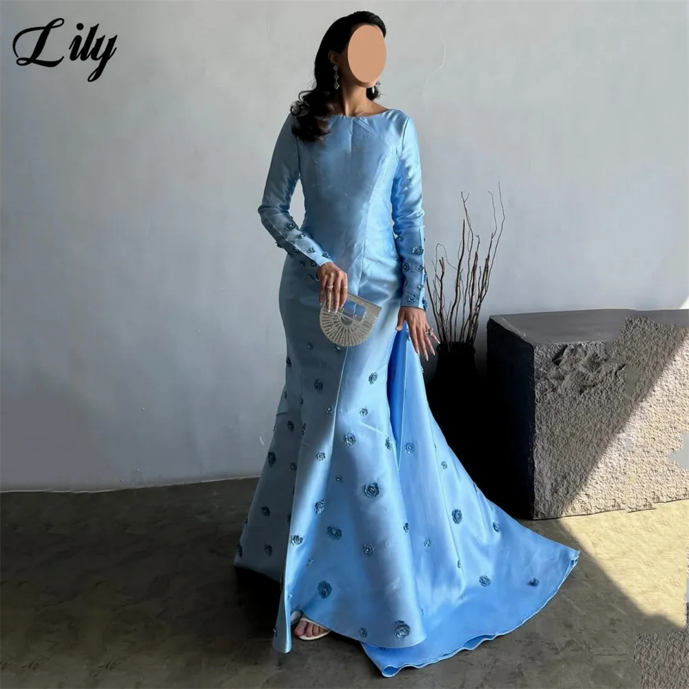Lily Blue รอบคอชุดราตรีซาตินชุดราตรียาวชุด 3D ดอกไม้ Appliques Mermaid Train ชุดอย่างเป็นทางการที่กําหนดเอง