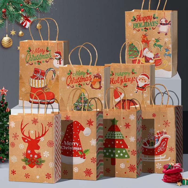 

10pcs Small Christmas Gift Bag Red Xmas Tree Santa Claus Hat Elk Handheld Kraft Paper Bag Party Baking Shop Store Gift Packaging