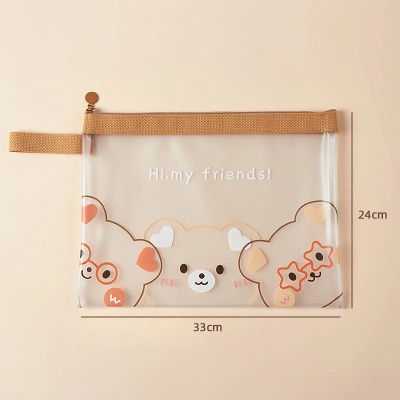 Bolsa de almacenamiento de archivos de dibujos animados, estuche de lápices de oso Kawaii, A4, A5, transparente, alta capacidad, impermeable, carpetas de bolsillo con cremallera, 1 pieza