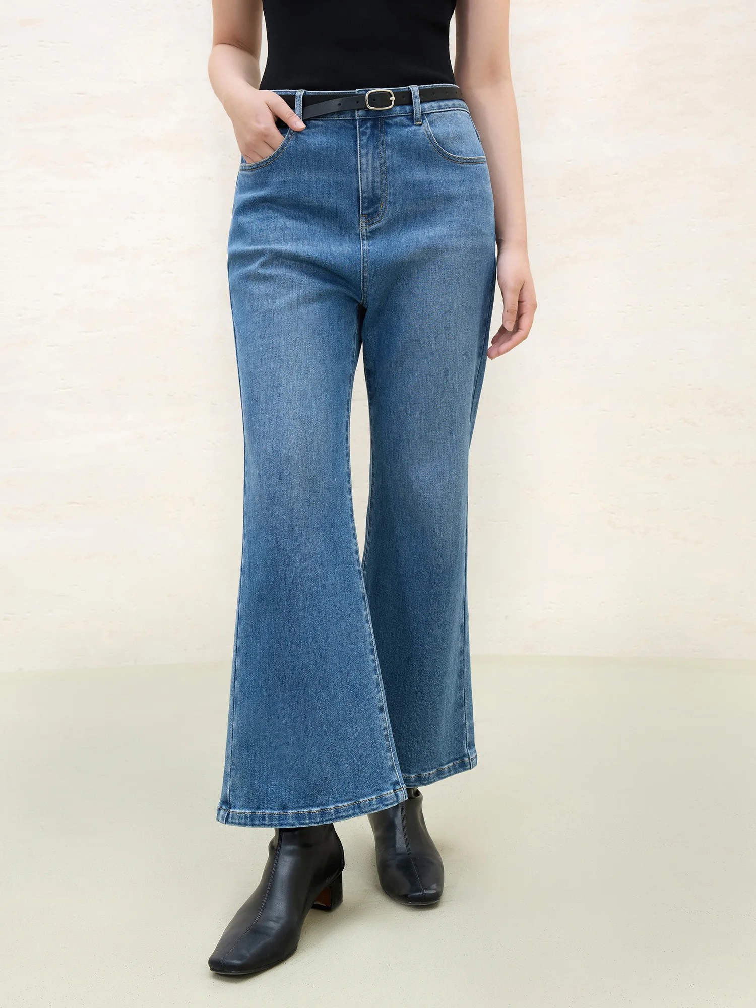 

DUSHU Women Spring Jeans 2025 New High Waist Commuter Cropped Bootcut Jeans 100% Cotton Casual Denim Blue Pants 25DS81288