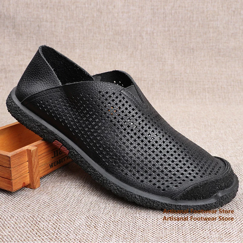 Hollow Out Slip-On Loafers Round Toe Black Leather Shoes for Men Soft Leather Soft Sole Casual Shoes Trendy Handmade Men's Shoes