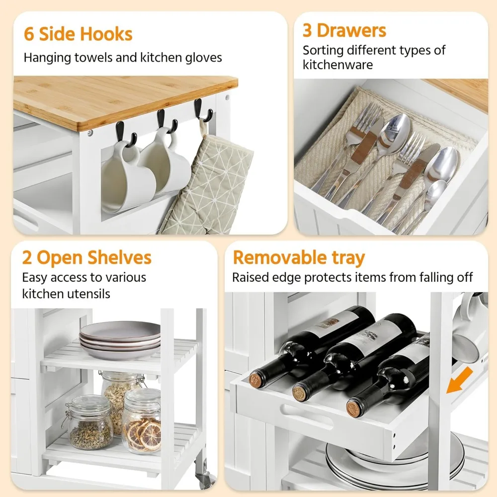 عربة جزيرة المطبخ المتدحرجة المصنوعة من الخيزران مع 3 أدراج وميزات عربة المرافق #5