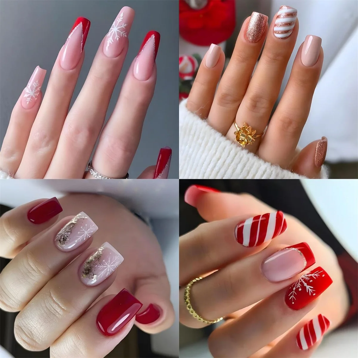 96pcs Almond Square Shape Holiday Design Acrylic Fake Nails Christmas Nail Tips Set with Jelly Glue Festive Street Style Gifts *