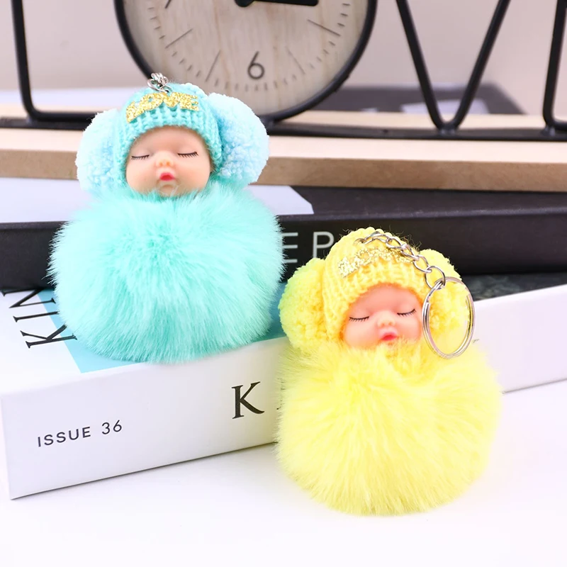 1 Piece Lovely Solid Color Sleeping Baby Bag Earrings Pendant Knitted Hat Pompom Sleeping Baby Keychain Soft Plush Doll Keyring