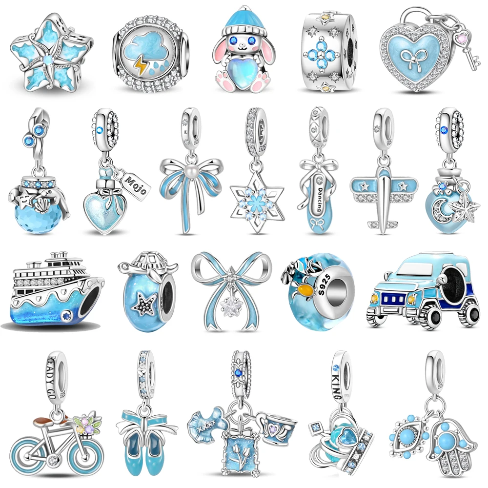 حار بيع 925 فضة على شكل قلب مفتاح الخرز وتاج استرخى سحر صالح سوار بوتيك قلادة الضوء الأزرق قلادة هدية #1