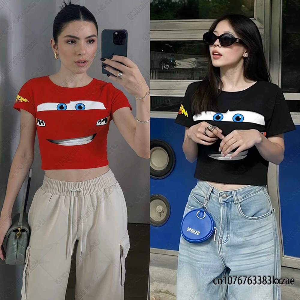 2026 Lightning Mcqueen Print Crop Top For Women Fashion Round Collar Short Tshirt Sexy Street Trendy Tees Casual Y2k Vintage Top