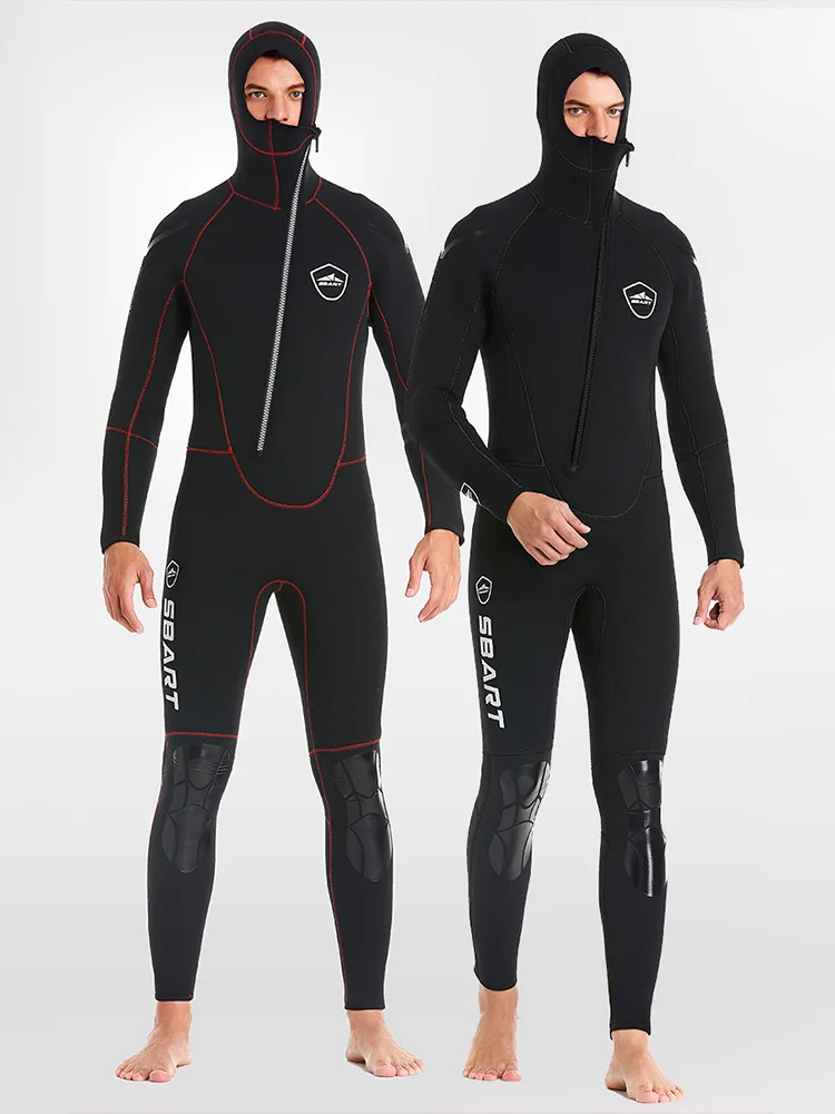 Men 5mm Spearfishing Premium Neoprene Wetsuit One-piece Hoodie Long Sleeve Full Body Scuba Diving Suit W/HoodSnorkeling Suits