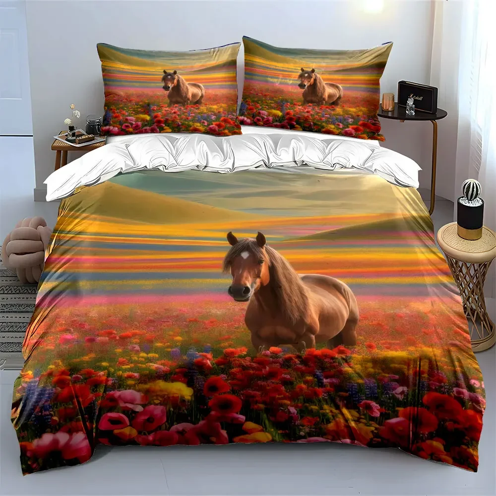 Horse in Colorful Meadow Decor Set Bedding Set with 1 Duvet Cover 2 Pillowcases Single Double King Queen, Gift